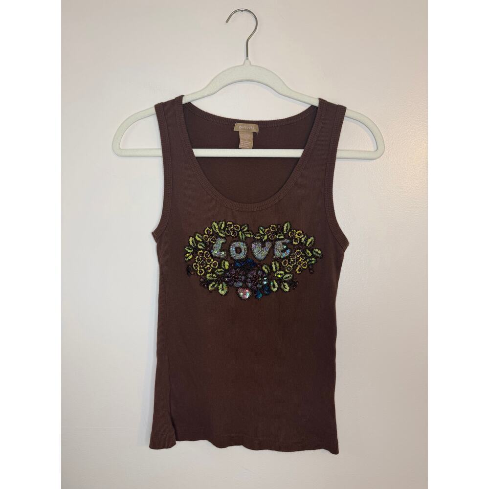 Vintage Y2K Gadzooks Beaded LOVE Tank Brown Large Indie Fairy Grunge Whimsigoth